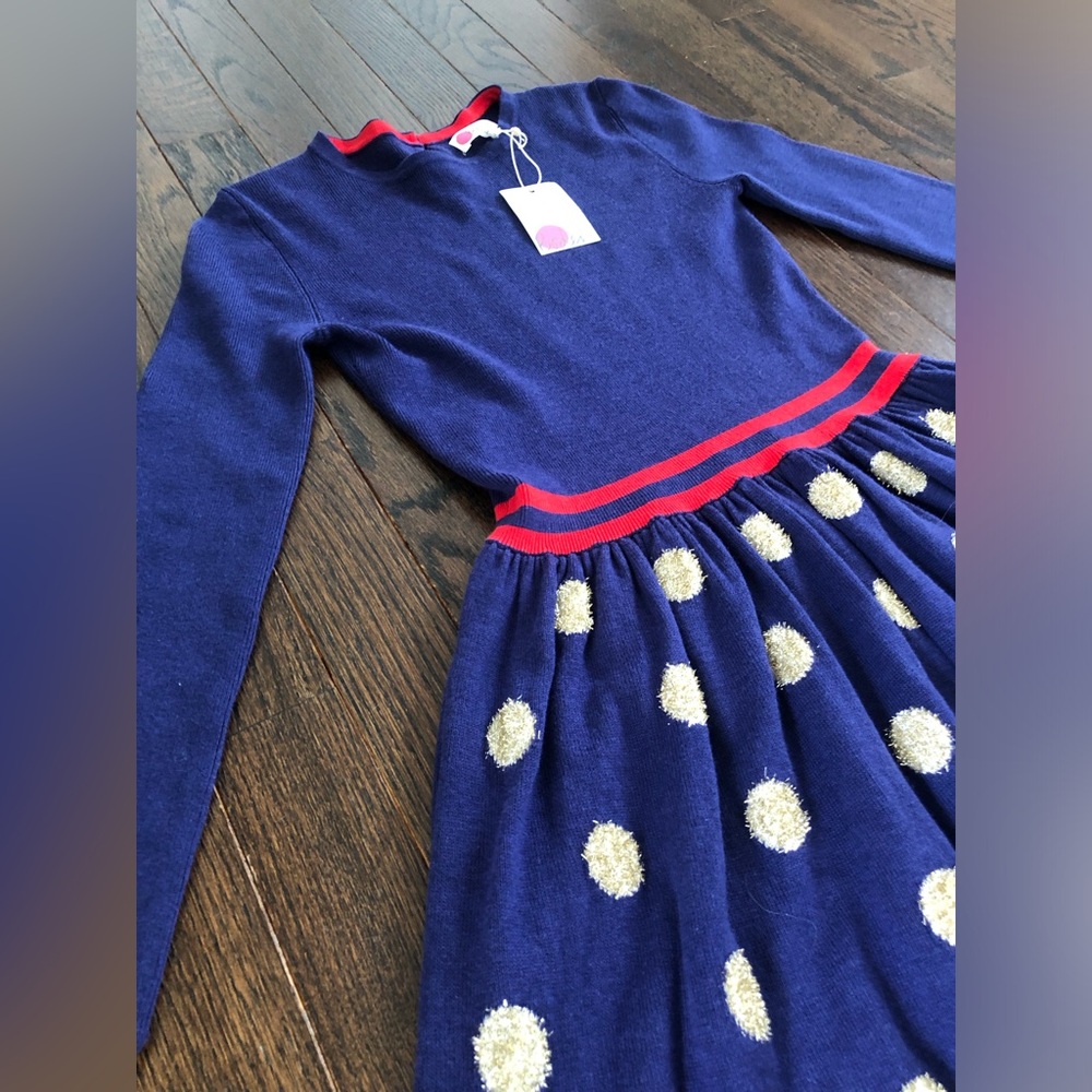 Mini Boden Girls 9-10Y Navy/Red Long-Sleeved Ribbed Dress w/Gold Polka Dot Skirt - Picture 3 of 12